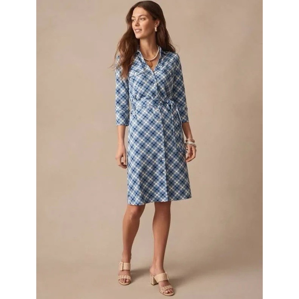 J. McLaughlin Brynn Catalina Cloth Shirt Dress Blue Geo Sz Large Preppy Coastal
